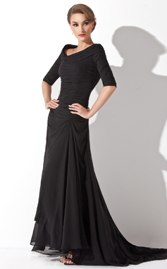 A-Lijn/Prinses Open-Schouder Korte Sleep Chiffon Avondjurken met Roes (017020812)