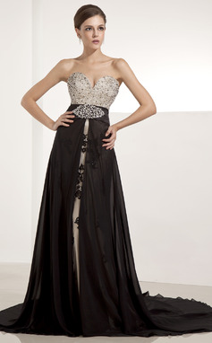 A-Lijn/Prinses Sweetheart Kapel Sleep Chiffon Tule Avondjurken met Kant Kraal Lovertjes (017014235)