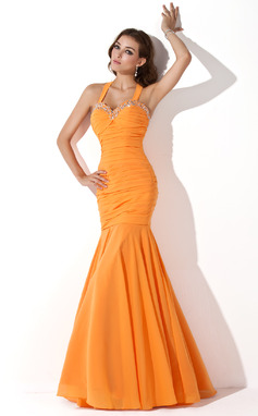 Zeemeermin Halter Vloerlengte Chiffon Avondjurken met Roes Kraal Lovertjes (017005814)