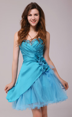 Ligne-A/Princesse Cœur Mi-longues Taffetas Tulle Robe de Cocktail avec Ondulé Brodé Fleurs (016013972)