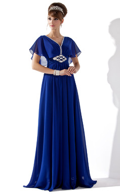 A-Lijn/Prinses V-nek thee-lengte Chiffon Avondjurk met Roes Kralen (017013417)